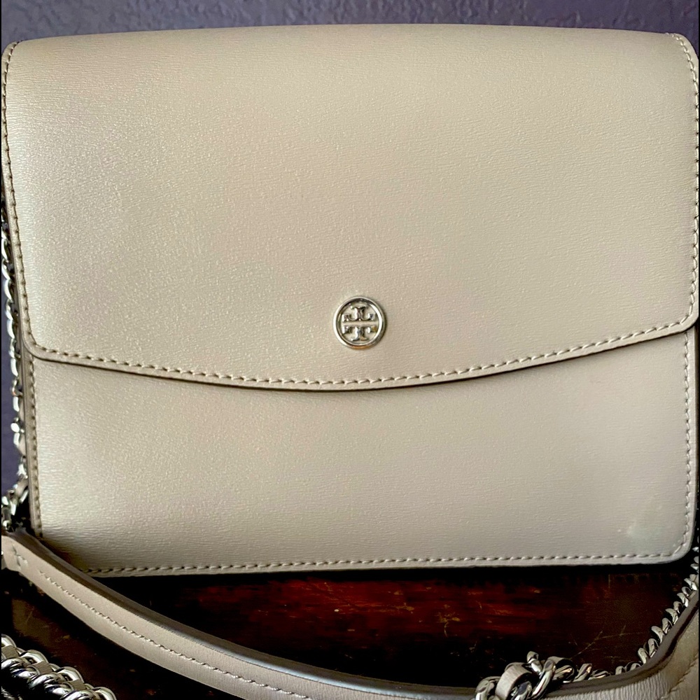 Tory Burch, taupe, shoulder purse with leather chaine